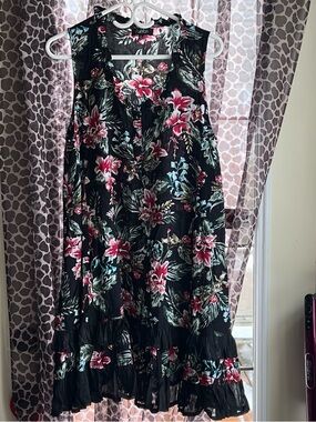 Papillon Black Dress with Pink Floral and Green Leaves with  ruffles